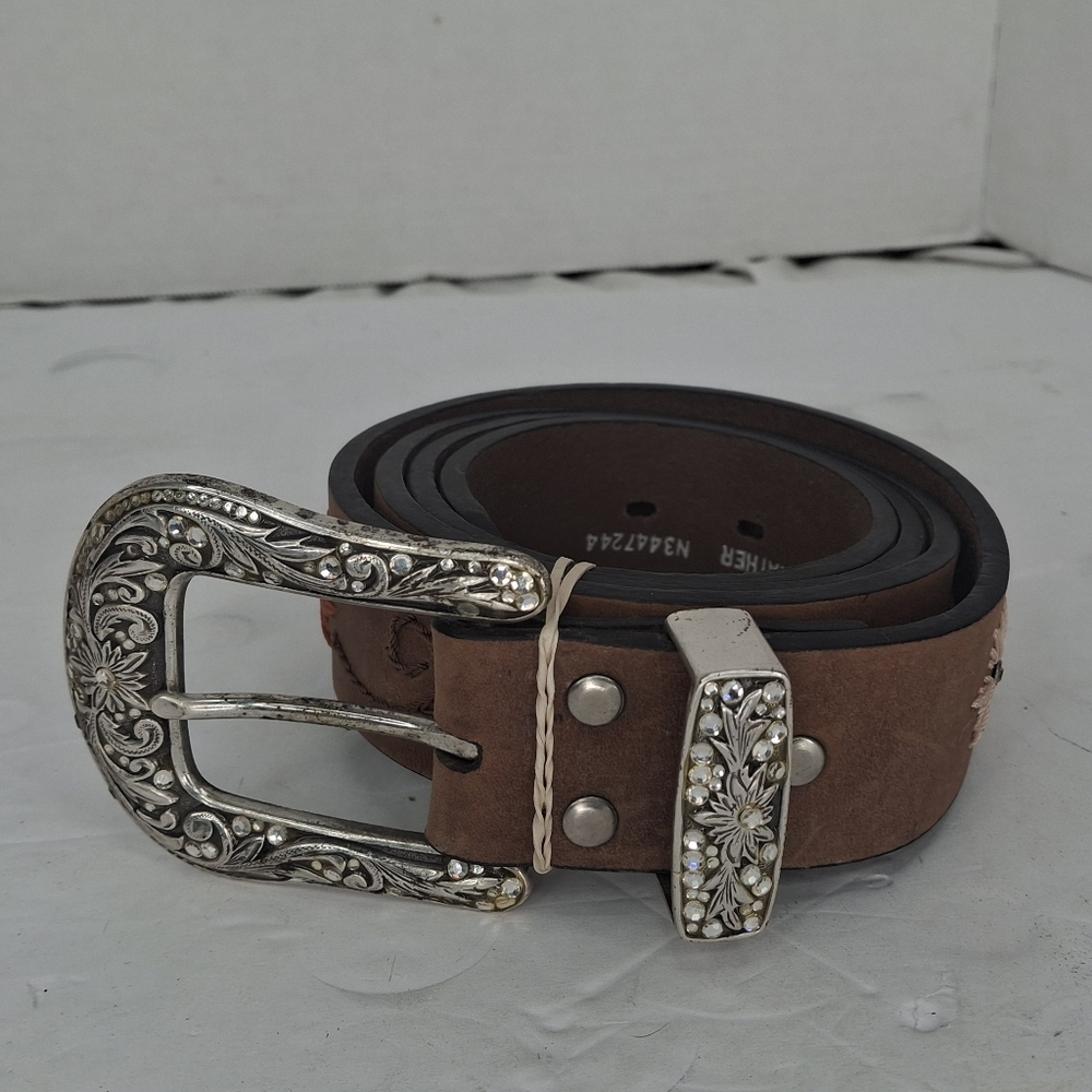 Nocona Brown Leather Belt with Ornate Silver Buckle